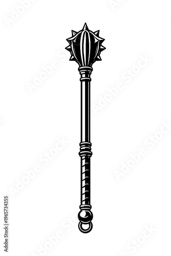 A black and white illustration of a medieval flail weapon with a spiked ball on a chain