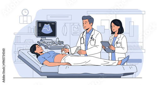 Doctor performing ultrasound on pregnant woman in clinic, medical technology, healthcare concept