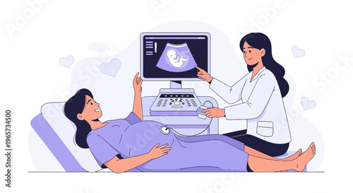 Doctor Performing Ultrasound on Pregnant Woman, Showing Baby on Screen