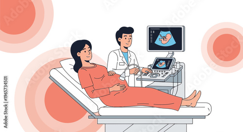 Doctor performing ultrasound on pregnant woman, showing baby on screen