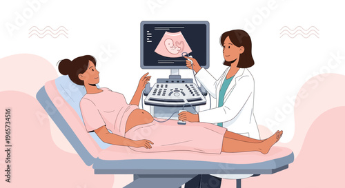 Doctor Performing Ultrasound on Pregnant Woman, Showing Baby on Screen