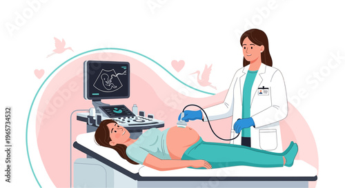 Doctor performing ultrasound on pregnant woman, showing baby on screen