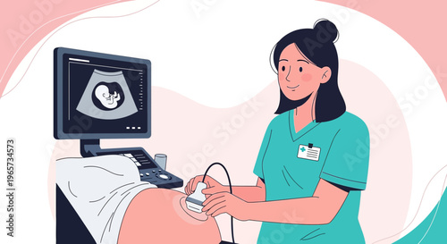 Doctor performing ultrasound on pregnant woman, showing baby on screen