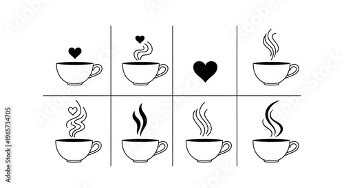 Minimalist line art of cups with steam and hearts, simple graphic symbols for hot beverages and romantic occasions