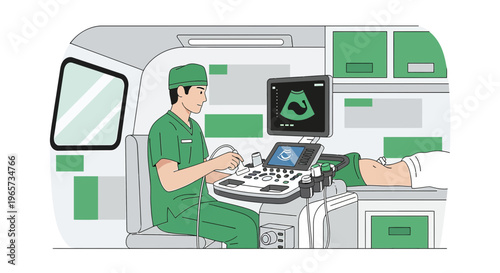 Doctor performing ultrasound scan in mobile clinic, medical diagnostic equipment, patient examination