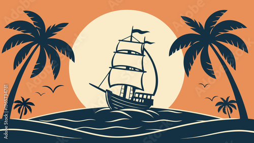 Vintage Sailing Ship Sunset Sea Flat Vector
