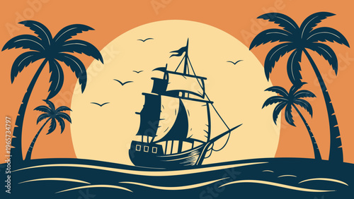 Vintage Sailing Ship Sunset Sea Flat Vector