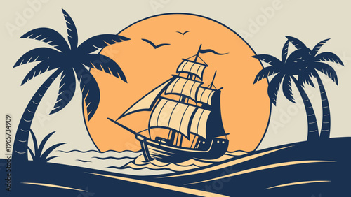 Vintage Sailing Ship Sunset Sea Flat Vector