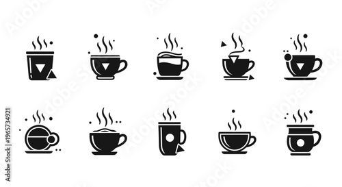 Modern coffee and tea cup icons featuring steaming mugs with geometric shapes abstract dots and minimal beverage design elements in black silhouette collection