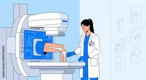 Doctor Performing X-ray on Patient's Knee with Anatomical Illustrations