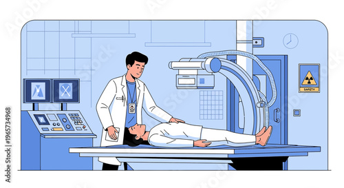 Doctor Performing X-ray Scan on Patient Lying Down in Medical Room