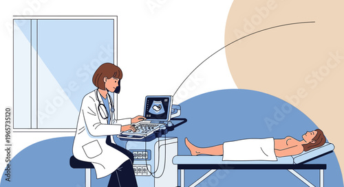 Doctor performs ultrasound examination on female patient in clinic, medical technology