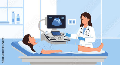 Doctor performs ultrasound examination on female patient lying on examination table in clinic