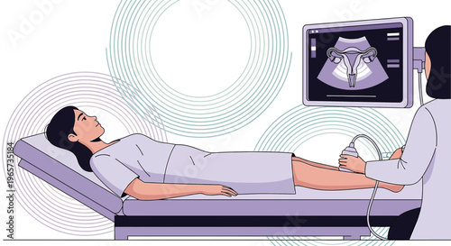 Doctor performs ultrasound examination on female patient lying on examination table, medical screen shows uterus