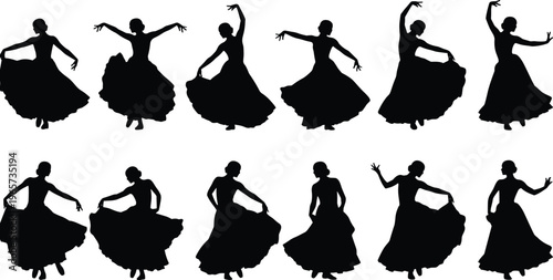 Flamenco dancer silhouette set with elegant female dance poses wearing flowing dresses isolated on white background vector illustration
