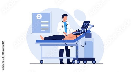 Doctor performs ultrasound examination on patient lying on examination table in clinic