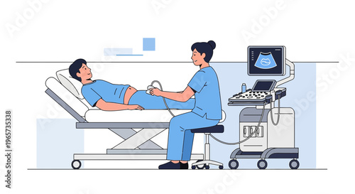 Doctor performs ultrasound examination on patient lying on medical bed, modern clinic