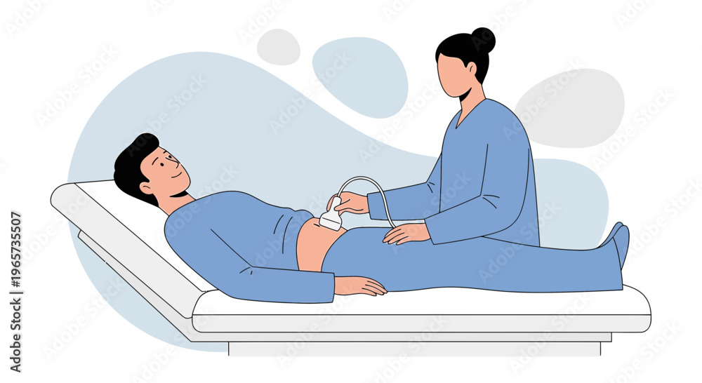 Obraz premium Doctor performs ultrasound on male patient lying on examination table in clinic