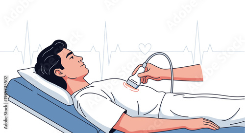 Doctor performs ultrasound on male patient's chest, medical examination, cardiology concept