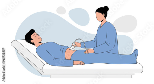 Doctor performs ultrasound on male patient lying on examination table in clinic