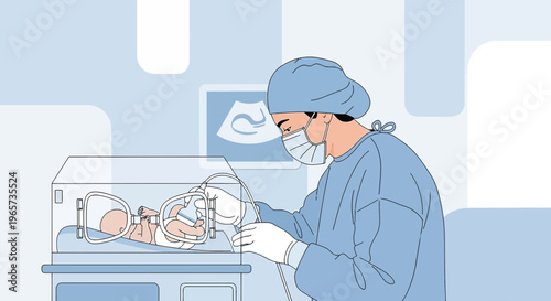 Doctor performs ultrasound on newborn baby in incubator, medical care, neonatal intensive care unit