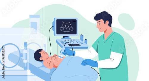 Doctor performs ultrasound on newborn baby in incubator, medical examination