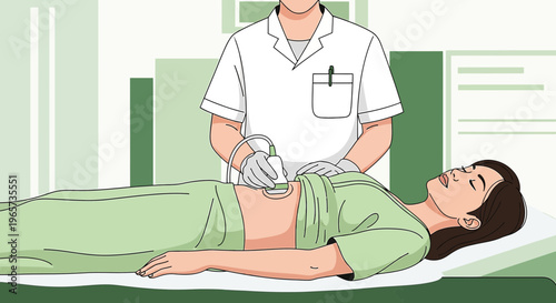 Doctor performs ultrasound on patient lying on examination table, medical imaging concept