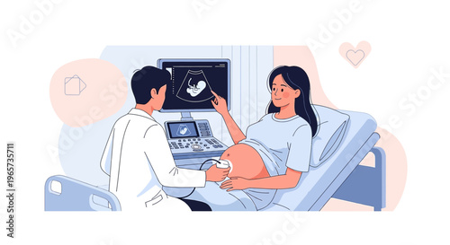 Doctor performs ultrasound on pregnant woman showing baby on screen, healthcare concept