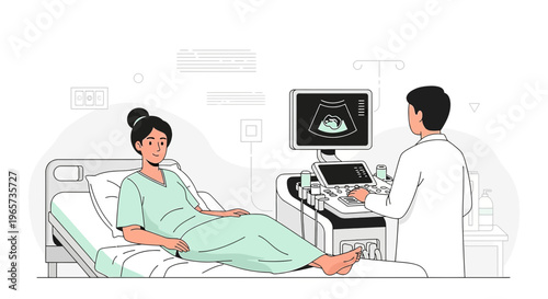 Doctor performs ultrasound on pregnant woman in clinic, showing baby on screen
