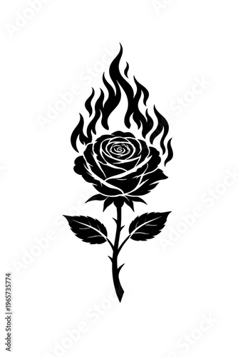 Black silhouette of a burning rose with flames and leaves on a white background, symbolizing passion and love