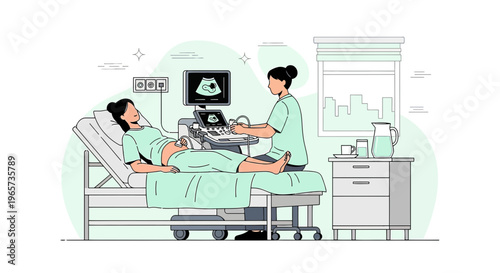 Doctor performs ultrasound on pregnant woman, showing baby on screen in clinic