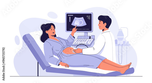Doctor performs ultrasound on pregnant woman, showing baby on screen, healthcare concept