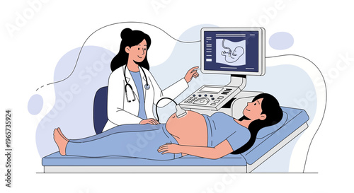 Doctor performs ultrasound on pregnant woman, showing baby on screen