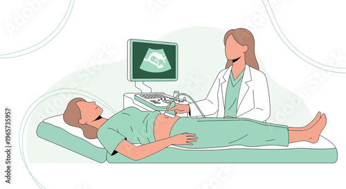 Doctor performs ultrasound on pregnant woman, showing baby on screen