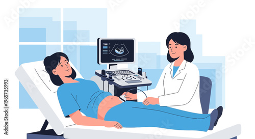 Doctor performs ultrasound on pregnant woman, showing baby on screen