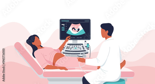 Doctor performs ultrasound on pregnant woman, showing baby on screen