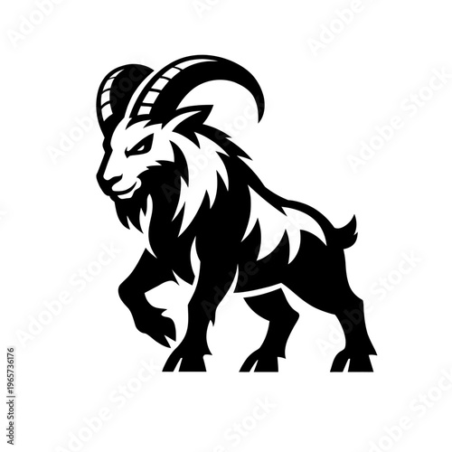 Black and white illustration of a powerful goat with curved horns and a beard standing on a plain background