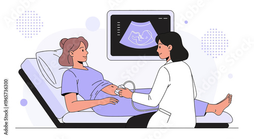 Doctor performs ultrasound on pregnant woman, showing baby on screen