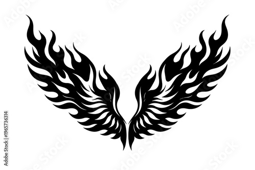 Flaming wings symbolizing freedom and power on white background