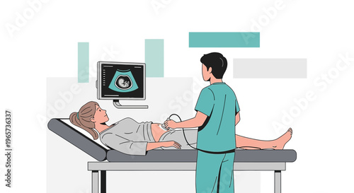 Doctor performs ultrasound on pregnant woman, showing baby on screen