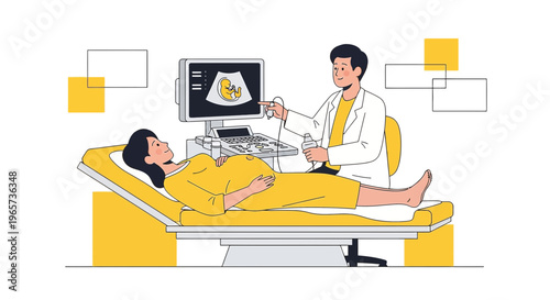 Doctor performs ultrasound on pregnant woman, showing baby on screen