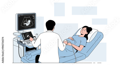 Doctor performs ultrasound on pregnant woman, showing baby on screen