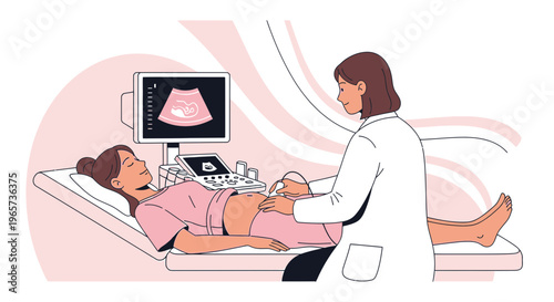 Doctor performs ultrasound on pregnant woman, showing baby on screen