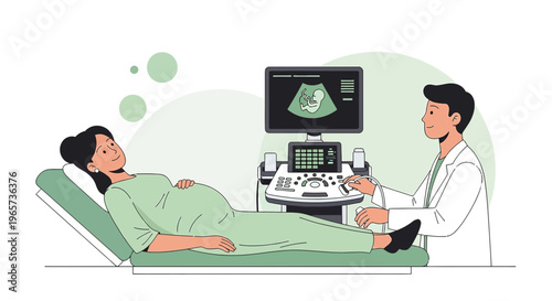 Doctor performs ultrasound on pregnant woman, showing baby on screen