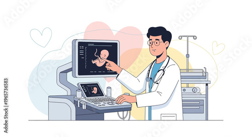 Doctor points to ultrasound screen showing fetus, medical equipment in background