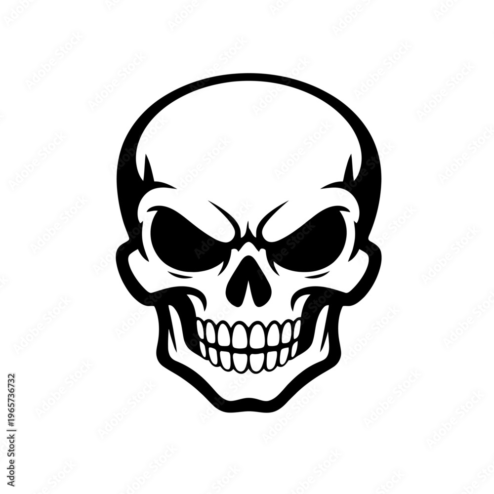 Obraz premium A menacing black and white skull with an evil grin and intense gaze, symbolizing danger and mischief in a striking illustration