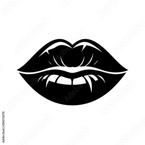 Black and white illustration of vampire lips with fangs bared in a menacing grin on isolated background