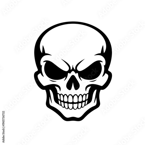 A menacing black and white skull with an evil grin and intense gaze, symbolizing danger and mischief in a striking illustration