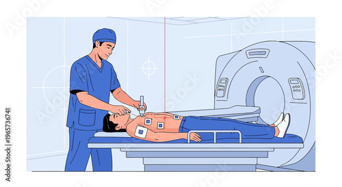 Doctor Preparing Patient for CT Scan with Electrodes on Chest in Medical Room