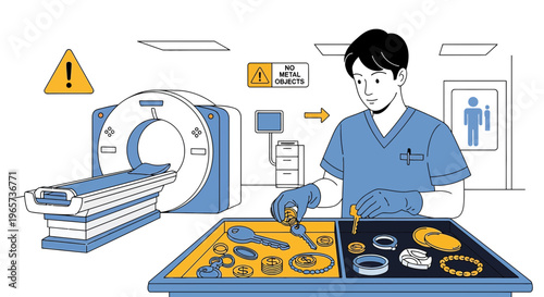 Doctor preparing patient for CT scan, removing metal objects from tray